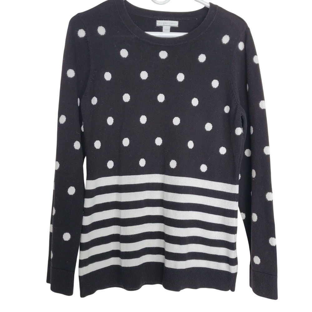 New York Company Black White Polka Dot Stripe Pullover Sweater Long Sleeve Med